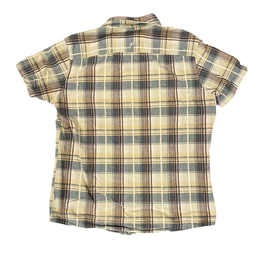 Kuhl Button Down Shirt Mens Large Green Tan Plaid Linen Cotton Tapered Fit‎